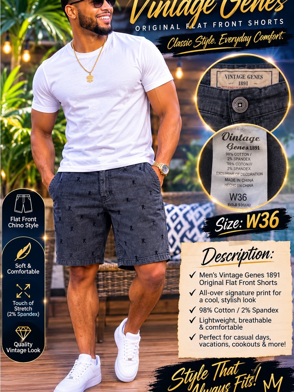 Vintage Genes Charcoal Flat Front Shorts